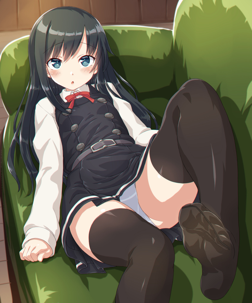 1girl asashio_(kantai_collection) belt black_dress black_hair black_legwear blue_eyes blush buttons chestnut_mouth commentary_request couch dd_(ijigendd) dress eyebrows_visible_through_hair feet highres indoors kantai_collection leg_up long_hair long_sleeves looking_at_viewer lying neck_ribbon on_back open_mouth panties pantyshot pinafore_dress red_neckwear red_ribbon remodel_(kantai_collection) ribbon school_uniform solo thigh-highs underwear white_panties