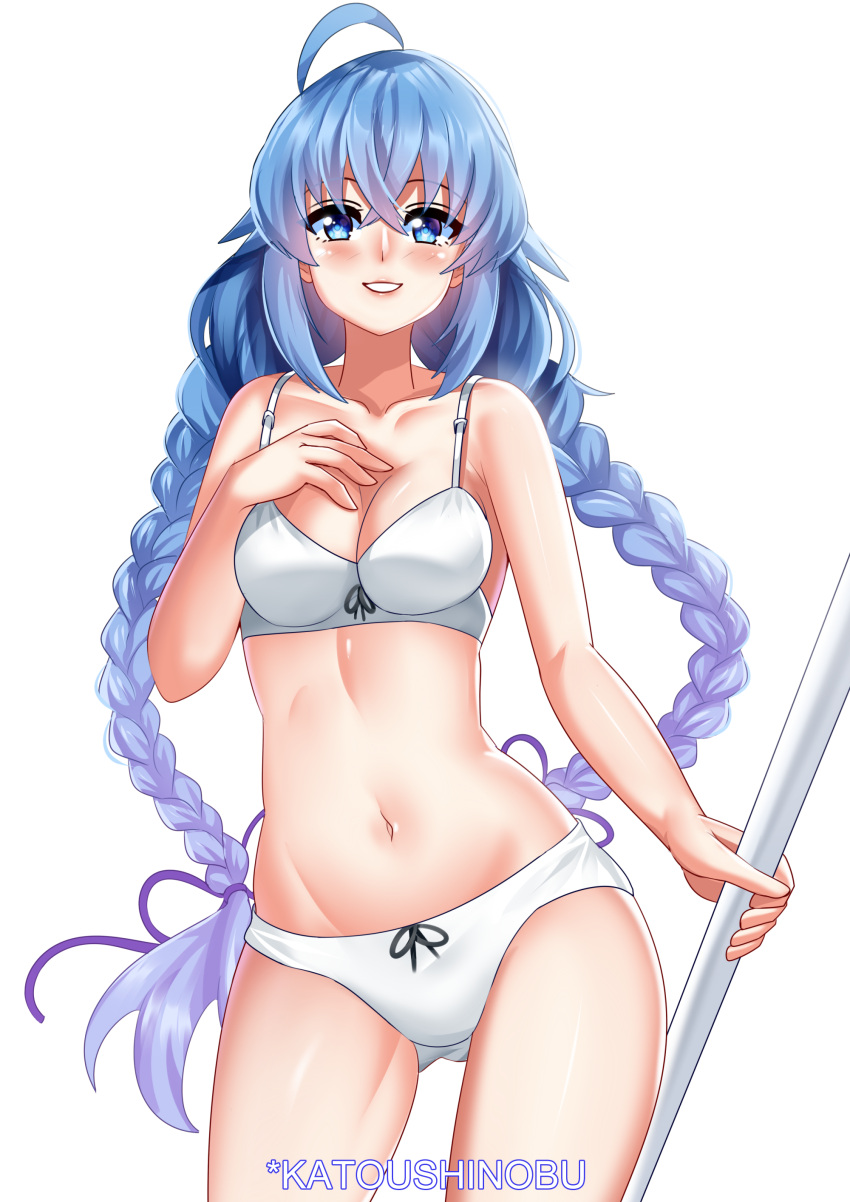 absurdres blue_eyes blue_hair bow bow_panties braid hair_ribbon hand_on_own_chest highres holding holding_staff katou_shinobu mushoku_tensei panties ribbon roxy_migurdia staff twin_braids twintails underwear underwear_only white_panties