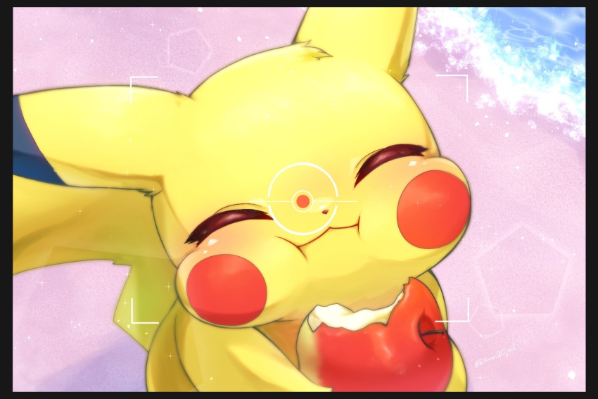 aije apple bitten_apple blush chewing closed_eyes closed_mouth commentary_request eating food fruit gen_1_pokemon head_back holding holding_food holding_fruit no_humans outdoors pikachu pokemon pokemon_(creature) pokemon_snap signature solo viewfinder