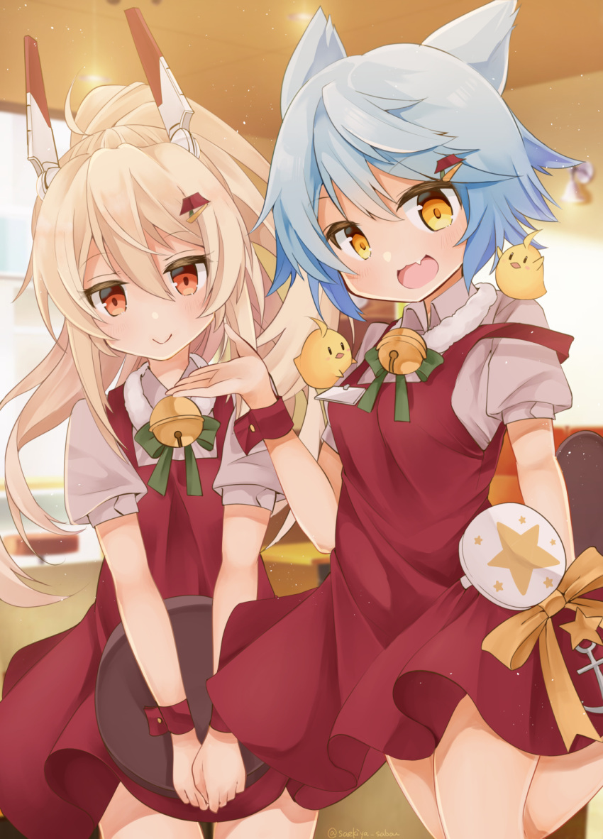 2girls :d ayanami_(azur_lane) azur_lane bangs commentary_request eyebrows_visible_through_hair eyes_visible_through_hair fubuki_(azur_lane) hair_ornament hairclip headgear highres long_hair looking_at_viewer multiple_girls open_mouth pizza_hut ponytail retrofit_(azur_lane) saekiya_sabou short_hair sidelocks smile