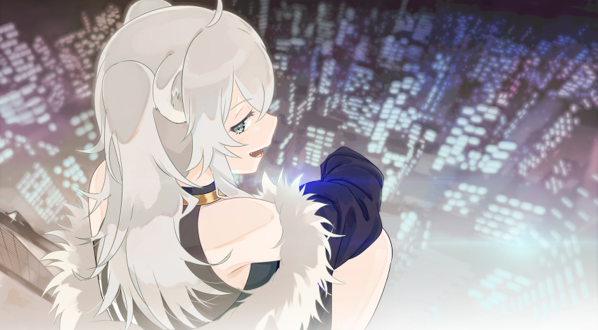 1girl absurdres ahoge animal_ears bangs bare_shoulders black_jacket city_lights cityscape from_behind fur-trimmed_jacket fur_trim grey_eyes grey_hair hair_between_eyes highres hololive jacket jewelry lion_ears lion_girl long_hair looking_at_viewer looking_back off_shoulder open_mouth robotta shishiro_botan silver_hair sitting smile solo two_side_up virtual_youtuber
