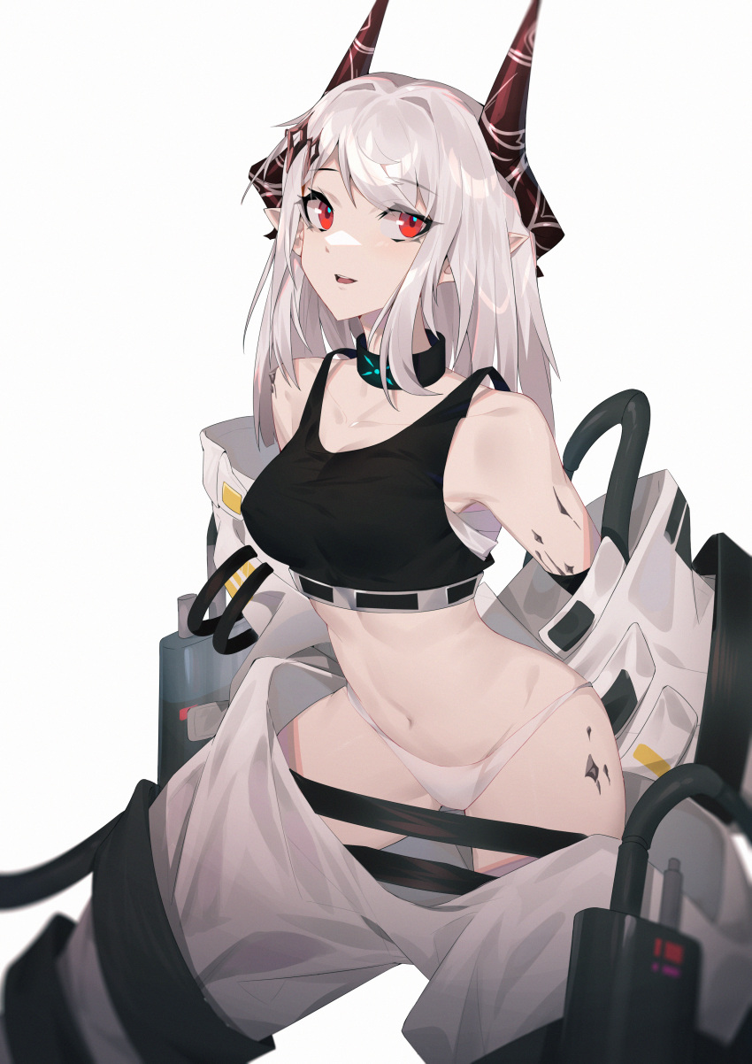1girl absurdres arknights bangs bare_shoulders black_collar breasts collar commentary_request cowboy_shot crop_top eyebrows_visible_through_hair highres horns large_breasts long_hair looking_at_viewer midriff mudrock_(arknights) navel newflame off_shoulder oripathy_lesion_(arknights) panties parted_lips partial_commentary pointy_ears red_eyes sarashi silver_hair simple_background smile solo sports_bra stomach underwear white_background white_panties