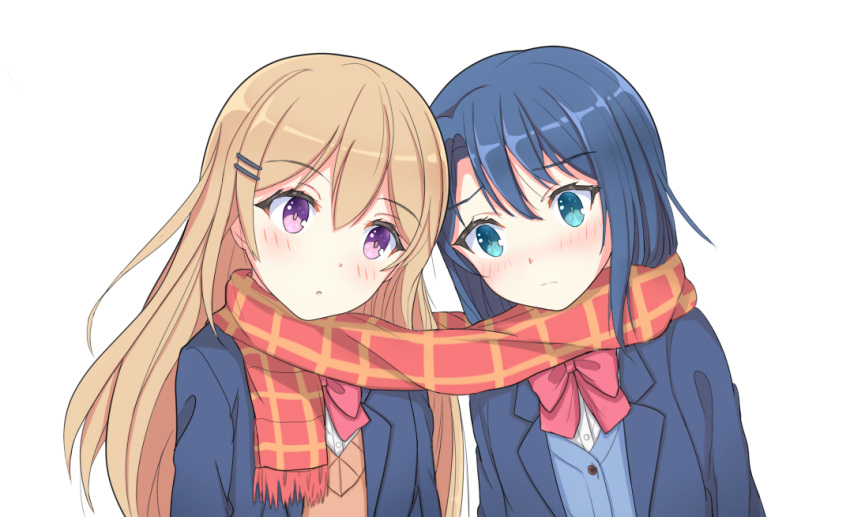 2girls :o adachi_sakura adachi_to_shimamura bangs black_hair blazer blue_eyes blue_hair blue_shirt blush bow brown_hair eyebrows_visible_through_hair hair_between_eyes hair_ornament hairclip jacket long_hair looking_at_another multiple_girls orange_shirt plaid plaid_scarf red_neckwear scarf school_uniform shared_scarf shimamura_hougetsu shirt short_hair simple_background tsukiko_neko violet_eyes white_background