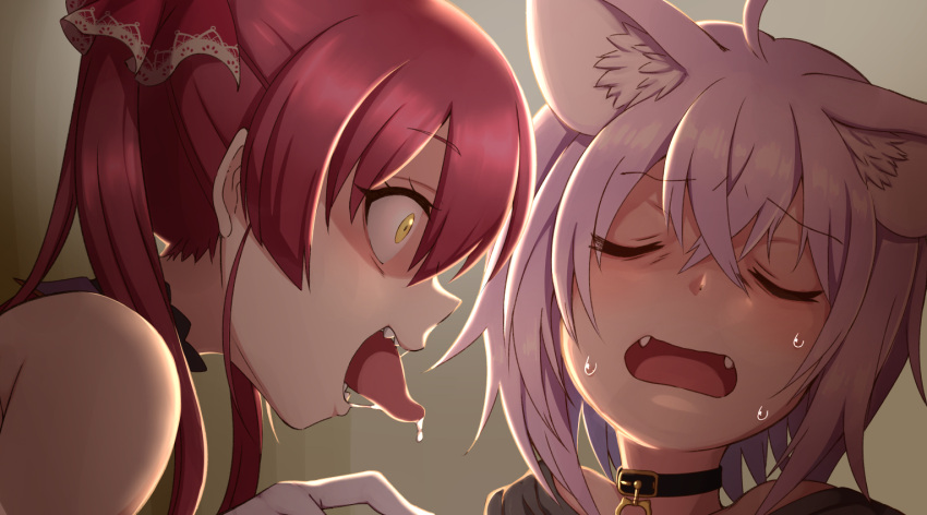 2girls animal_ear_fluff animal_ears bangs blush cat_ears close-up closed_eyes crazy_eyes eyebrows_visible_through_hair fangs hair_behind_ear hololive houshou_marine konboi-eg leaning_back medium_hair multiple_girls nekomata_okayu open_mouth purple_hair redhead saliva scared sharp_teeth short_hair sweat sweating_profusely teeth tongue tongue_out twintails virtual_youtuber wide-eyed yellow_eyes