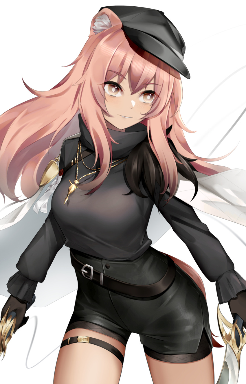 1girl animal_ear_fluff animal_ears arknights black_gloves black_headwear black_shirt black_shorts cabbie_hat commentary_request cowboy_shot dual_wielding gloves gravel_(arknights) gravel_(model's_night)_(arknights) grey_eyes hat highres holding holding_weapon jewelry long_hair long_sleeves looking_at_viewer necklace official_alternate_costume parted_lips pink_hair shirt shorts smile solo standing thigh_strap thighs wakamepiza weapon white_background