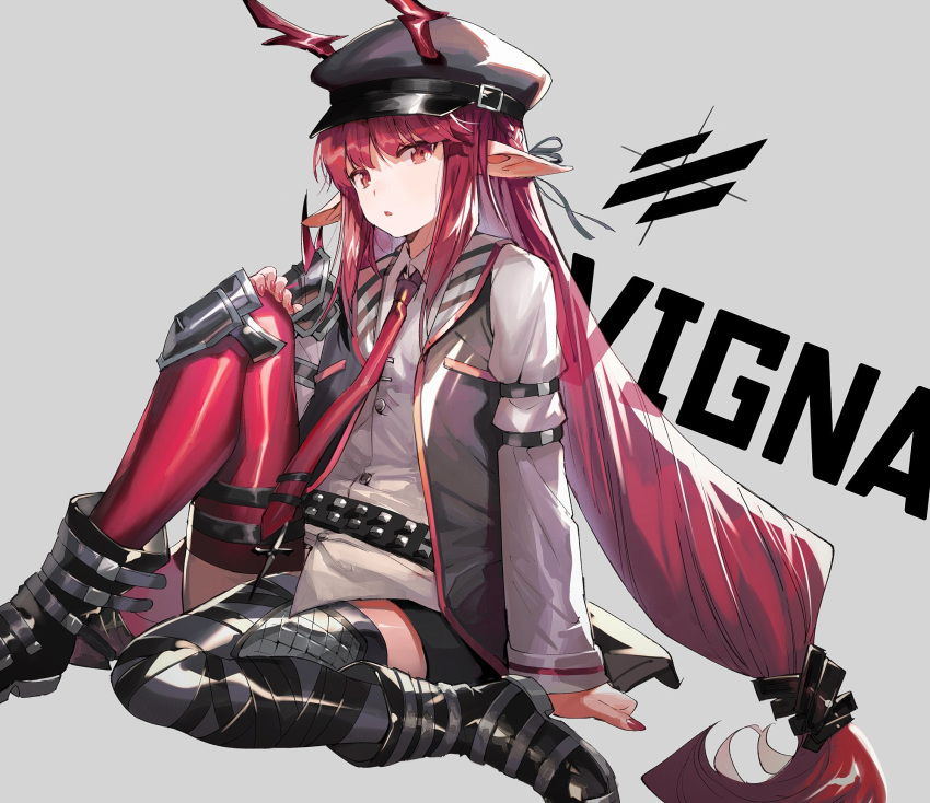 1girl aoki_(fumomo) arknights bangs beret black_legwear black_shorts blunt_bangs boots commentary_request full_body grey_background hat highres horns horns_through_headwear long_hair looking_at_viewer mismatched_legwear necktie parted_lips pointy_ears red_eyes red_legwear red_neckwear shirt shorts sidelocks simple_background single_knee_pad sitting solo thigh-highs very_long_hair vigna_(arknights) white_shirt
