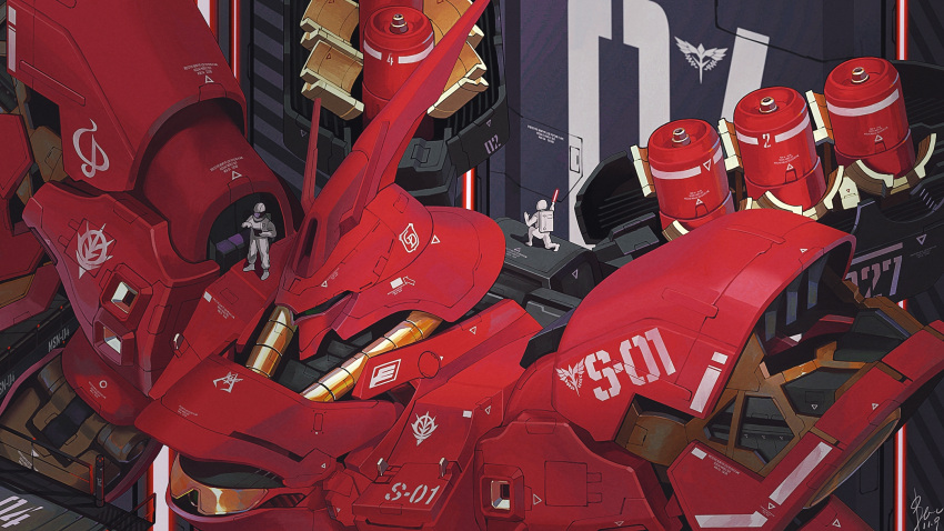 2boys char's_counterattack dated from_above funnels gundam hangar highres looking_down machinery mecha multiple_boys sazabi science_fiction signature spacesuit stellanfleuret v-fin zeon
