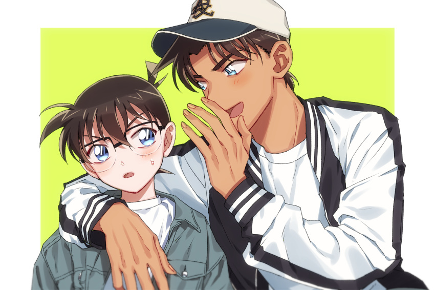 2boys :d arm_around_shoulder bangs baseball_cap black-framed_eyewear blue_eyes blue_jacket blush border brown_hair casual child commentary_request dark_skin dark_skinned_male denim denim_jacket edogawa_conan fingernails glasses green_background hair_between_eyes hand_up hat hattori_heiji jacket k_(gear_labo) letterman_jacket long_sleeves looking_at_another male_focus meitantei_conan multiple_boys open_clothes open_jacket open_mouth outside_border shirt short_hair side-by-side simple_background smile sweatdrop upper_body v-shaped_eyebrows white_border white_shirt