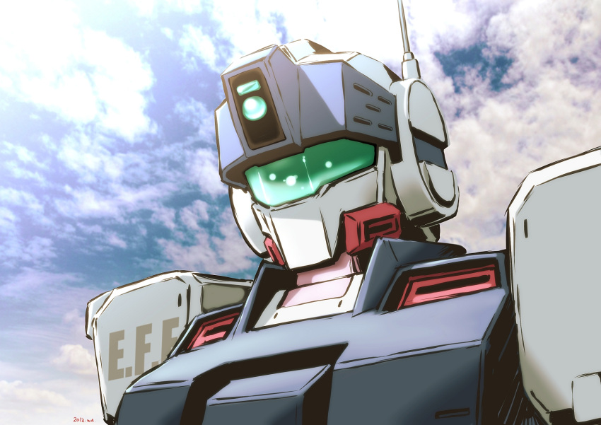 close-up clouds earth_federation gm_sniper_ii gmbh gundam gundam_0080 highres looking_down mecha no_humans radio_antenna science_fiction sky solo visor