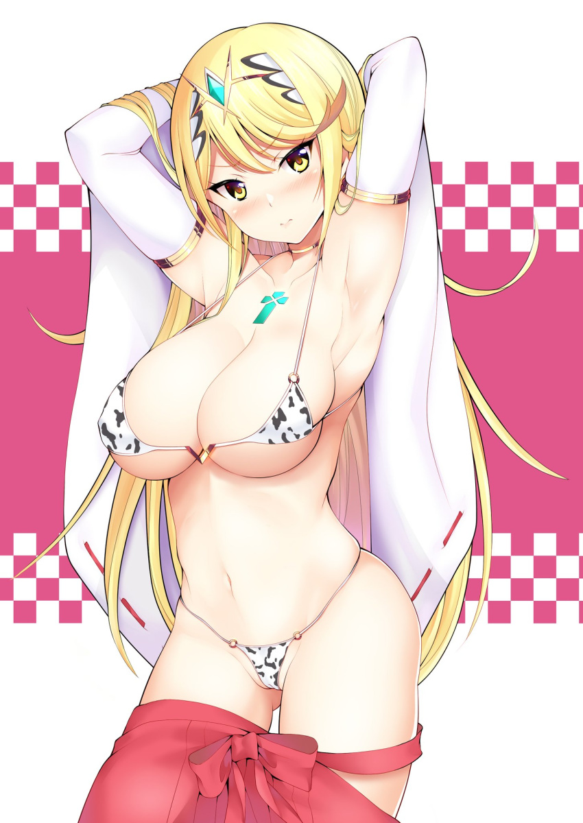 1girl animal_print arms_behind_head bangs bikini blonde_hair blush breasts closed_mouth cow_print daive detached_sleeves highres large_breasts long_hair looking_at_viewer mythra_(xenoblade) o-ring o-ring_bikini o-ring_bottom o-ring_top solo swept_bangs swimsuit wide_sleeves xenoblade_chronicles_(series) xenoblade_chronicles_2 yellow_eyes