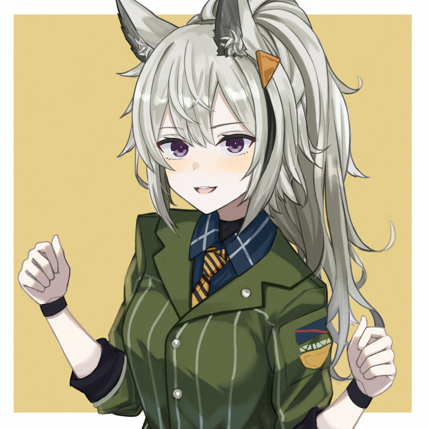1girl a_iri_a animal_ear_fluff animal_ears arknights blue_shirt breasts collared_shirt grani_(arknights) green_shirt highres horse_ears horse_girl looking_at_viewer medium_breasts official_alternate_costume open_mouth ponytail shirt silver_hair simple_background smile solo violet_eyes yellow_background