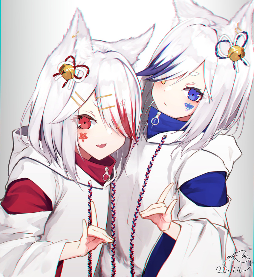 2girls :d absurdres animal_ear_fluff animal_ears bangs bell blue_eyes blue_hair blush closed_mouth commentary_request dated eyebrows_visible_through_hair facial_mark fang fox_ears fox_shadow_puppet gradient gradient_background grey_background hair_bell hair_ornament hair_over_one_eye heterochromia highres hood hood_down hoodie jingle_bell long_hair long_sleeves mayogii multicolored_hair multiple_girls open_mouth original redhead short_eyebrows signature smile streaked_hair thick_eyebrows upper_body v-shaped_eyebrows white_background white_hair white_hoodie wide_sleeves yellow_eyes