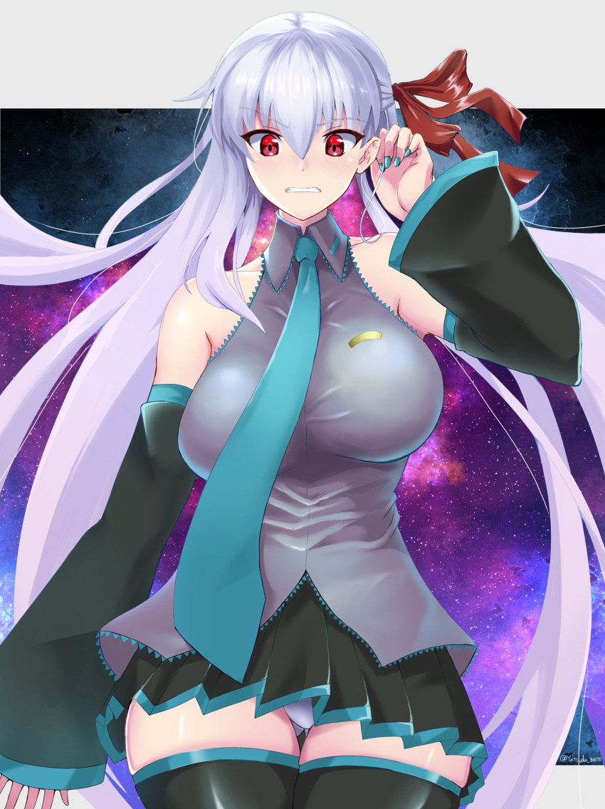 1girl aqua_nails black_legwear blush boots breasts cosplay cowboy_shot crypton_future_media detached_sleeves fate/grand_order fate_(series) hair_ribbon hatsune_miku hatsune_miku_(cosplay) highres kama_(fate/grand_order) large_breasts long_hair looking_at_viewer miniskirt necktie panties pantyshot pleated_skirt red_eyes ribbon silver_hair skirt sleeveless solo thigh-highs thigh_boots underwear vocaloid white_panties yatsuda_natto