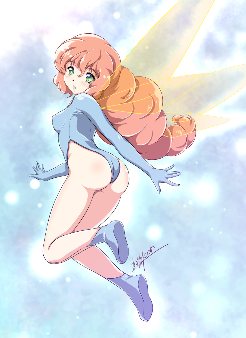 1girl :o ass blue_gloves cham_fau covered_nipples fairy gloves green_eyes highres insect_wings leotard long_hair looking_at_viewer looking_back mizushiro_takuya open_mouth orange_hair seisenshi_dunbine skin_tight solo very_long_hair wings