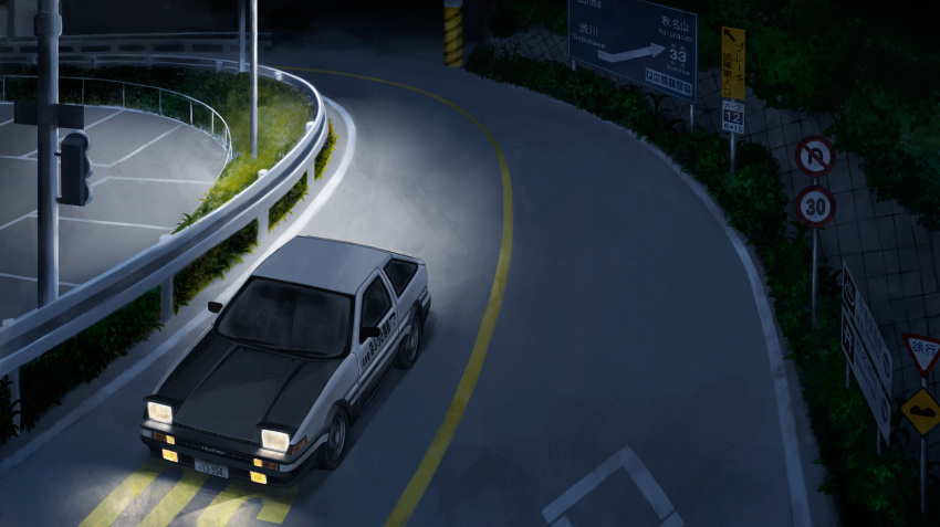 absurdres car driving from_above ground_vehicle headlight highres initial_d laing motor_vehicle night no_humans solo toyota toyota_sprinter_trueno vehicle_focus