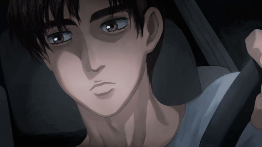 1boy absurdres brown_eyes brown_hair close-up driving expressionless hair_behind_ear highres initial_d laing looking_to_the_side male_focus solo steering_wheel vehicle_interior