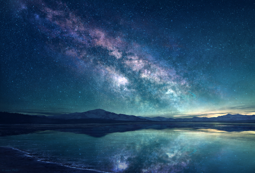 artist_name blue_sky highres horizon lake milky_way mks mountainous_horizon night night_sky no_humans original outdoors reflection scenery sky star_(sky) starry_sky watermark