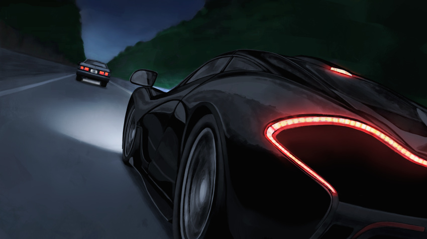 absurdres azur_lane crossover from_behind highres initial_d laing mclaren mclaren_p1 no_humans racing rear-view_mirror tail_lights toyota toyota_sprinter_trueno vehicle_focus