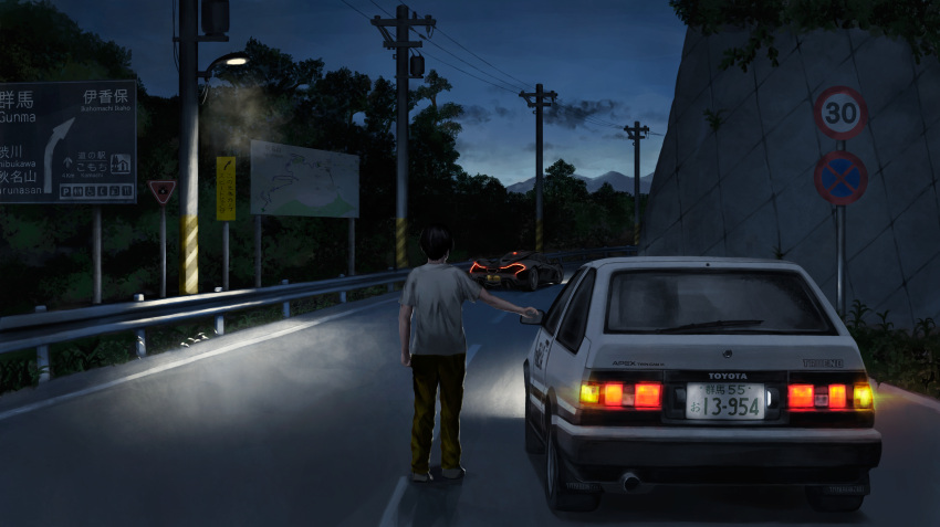 1boy absurdres azur_lane brown_hair car crossover from_behind ground_vehicle highres initial_d laing mclaren mclaren_p1 motor_vehicle shirt tail_lights toyota toyota_sprinter_trueno white_shirt