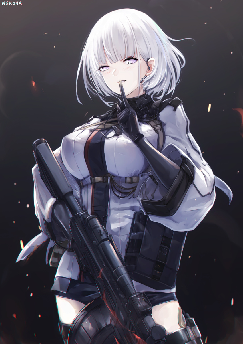 1girl artist_name bangs black_gloves black_legwear black_shorts breasts commentary earpiece elbow_gloves finger_to_mouth girls_frontline gloves gun hand_up highres holding holding_weapon jacket light_machine_gun long_sleeves looking_at_viewer medium_breasts nekoya_(liu) parted_lips rpk-16 rpk-16_(girls_frontline) short_shorts shorts shushing solo standing thigh-highs violet_eyes weapon white_hair white_jacket wide_sleeves