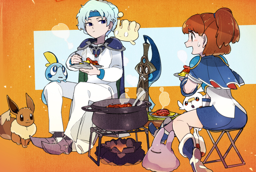 1boy 1girl :d ankle_boots arle_nadja armor blue_footwear blue_hair blue_skirt boots brown_hair campfire cape closed_mouth ditto eating eevee folding_stool gen_1_pokemon gen_6_pokemon gen_8_pokemon headband holding holding_plate honedge kuroi_moyamoya ladle long_sleeves looking_at_another madou_monogatari milcery miniskirt open_mouth pants parted_lips plate pointy_footwear pokemon pokemon_(creature) ponytail pot puyopuyo schezo_wegey scorbunny shoulder_armor sitting skirt smile sobble spaulders steam sweatdrop white_pants