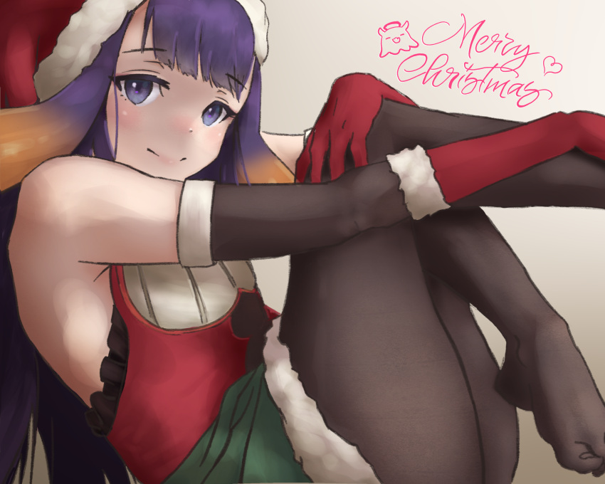 absurdres armpit_peek bangs black_gloves christmas elbow_gloves flat_chest fur_trim gloves hat highres hololive hololive_english long_hair looking_at_viewer mocomiliano ninomae_ina'nis pantyhose purple_hair red_gloves santa_costume santa_hat smile tentacle_hair violet_eyes virtual_youtuber