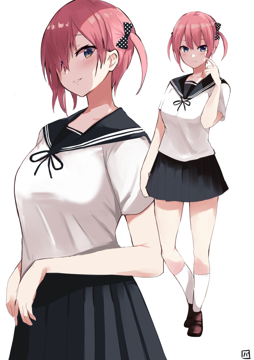 1girl bangs black_bow black_ribbon black_skirt blush bow breasts brown_footwear closed_mouth commentary_request contrapposto cowboy_shot eyebrows_behind_hair finger_to_own_chin full_body go-toubun_no_hanayome green_eyes hair_bow hair_over_one_eye highres looking_at_viewer medium_breasts multiple_views nakano_ichika parted_lips pineapple_(pine) pink_hair pleated_skirt polka_dot redhead ribbon sailor_collar school_uniform serafuku shirt short_hair short_sleeves simple_background skirt smile standing two_side_up uniform white_background white_legwear white_shirt zoom_layer