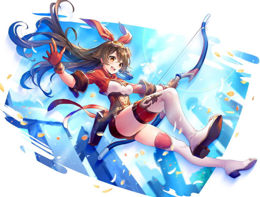 1girl amber_(genshin_impact) animal_ears bag belt blush boots bow_(weapon) breasts chiericyan falling genshin_impact gloves grass hair_ribbon holding holding_bow_(weapon) holding_weapon long_hair long_sleeves open_mouth red_ribbon ribbon shorts smile thigh-highs weapon yellow_eyes