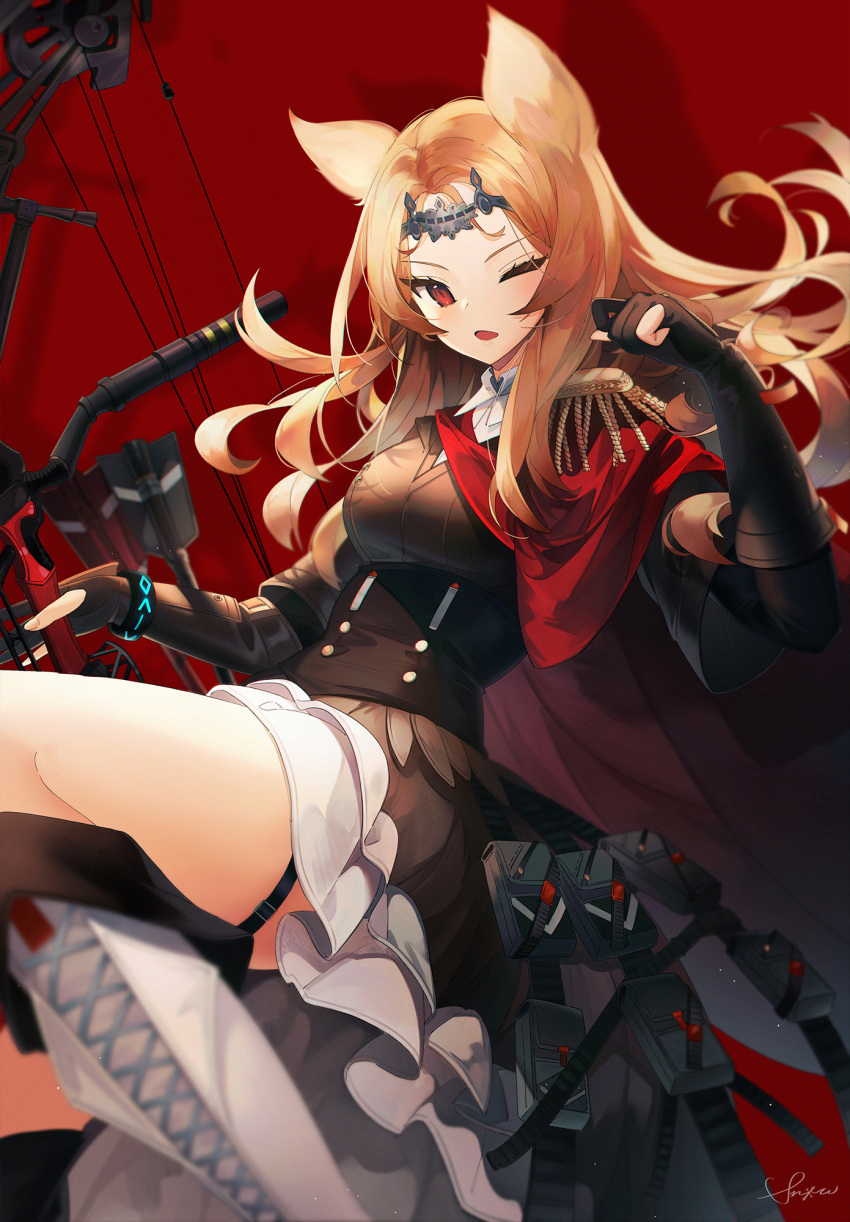 1girl animal_ears archetto_(arknights) arknights arrow_(projectile) black_dress black_gloves blonde_hair boots bow_(weapon) bracelet breasts cape compound_bow cross-laced_footwear dress elbow_gloves epaulettes gloves hand_up highres holding holding_bow_(weapon) holding_weapon jewelry lace-up_boots long_hair one_eye_closed open_mouth parted_hair partially_fingerless_gloves petticoat pouch red_background red_cape red_eyes signature snow_is solo thigh_strap tiara weapon
