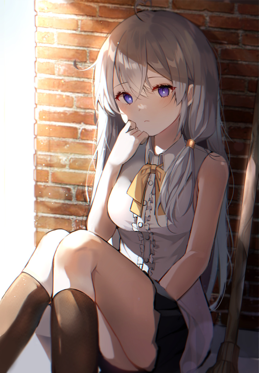 1girl :&lt; absurdres bare_shoulders black_skirt blush boots breasts brick_wall brown_footwear center_frills chromatic_aberration closed_mouth elaina_(majo_no_tabitabi) expressionless feet_out_of_frame frills hair_between_eyes hair_over_shoulder hand_on_own_chin highres huge_filesize knowa long_hair looking_at_viewer majo_no_tabitabi medium_breasts pleated_skirt shirt silver_hair sitting skirt solo stick upper_body violet_eyes white_shirt yellow_neckwear