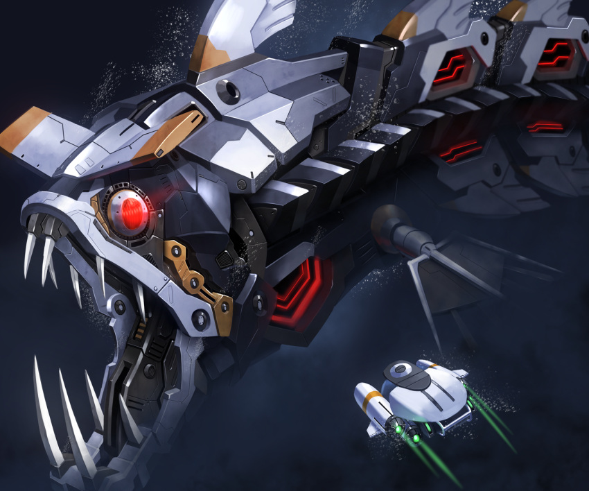 fish glowing glowing_eyes highres looking_to_the_side mecha moyashi_(karamisouma) no_humans original red_eyes science_fiction sharp_teeth solo_focus submarine swimming teeth underwater watercraft