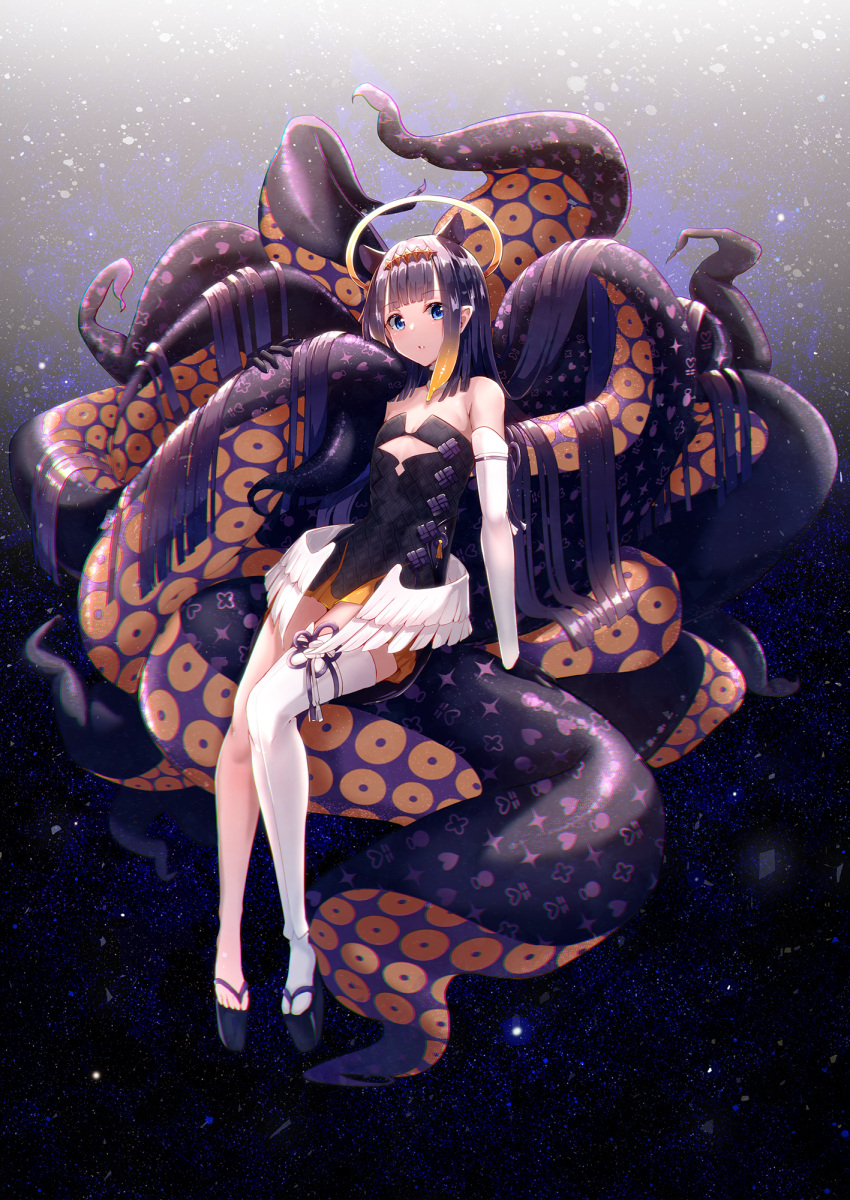 1girl arm_support bangs black_footwear black_gloves blue_eyes blunt_bangs blush breasts cucchiore detached_sleeves dress flat_chest full_body gloves gradient gradient_background halo highres hololive hololive_english light_particles long_hair looking_at_viewer multicolored_hair ninomae_ina'nis parted_lips pointy_ears purple_hair sandals single_detached_sleeve single_thighhigh sitting smile solo tentacle_hair tentacles thigh-highs very_long_hair virtual_youtuber white_legwear