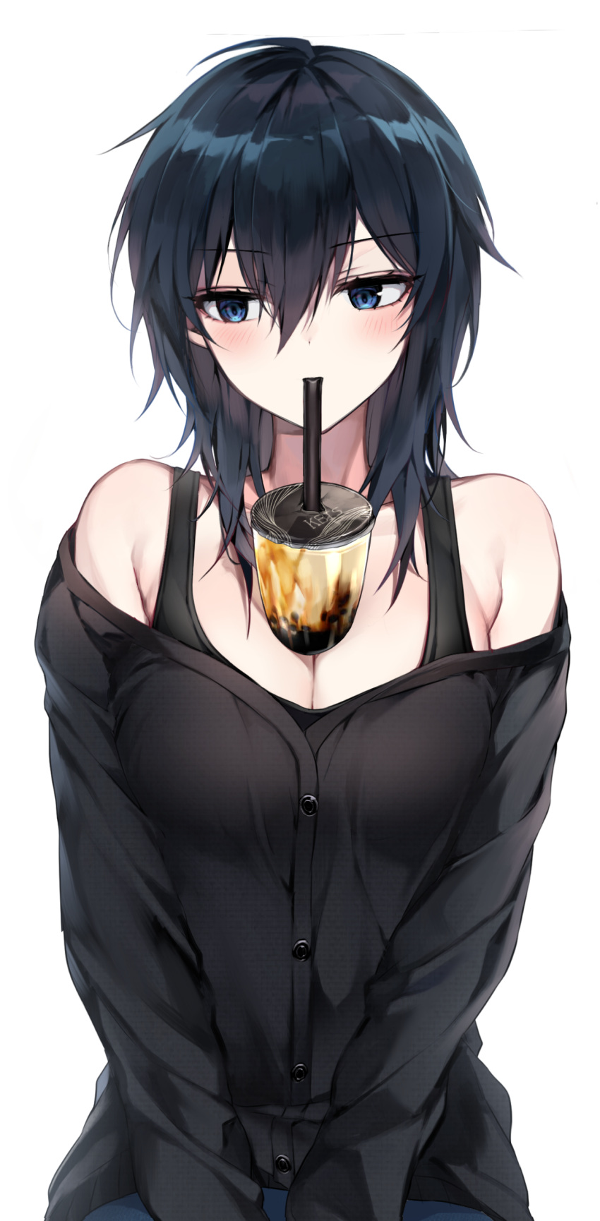 1girl absurdres bara_(03_bara_) bare_shoulders black_hair black_shirt blue_eyes blush breasts bubble_tea bubble_tea_challenge cup drinking drinking_straw drinking_straw_in_mouth eyebrows_visible_through_hair hair_between_eyes highres long_sleeves medium_breasts original shirt short_hair simple_background solo white_background