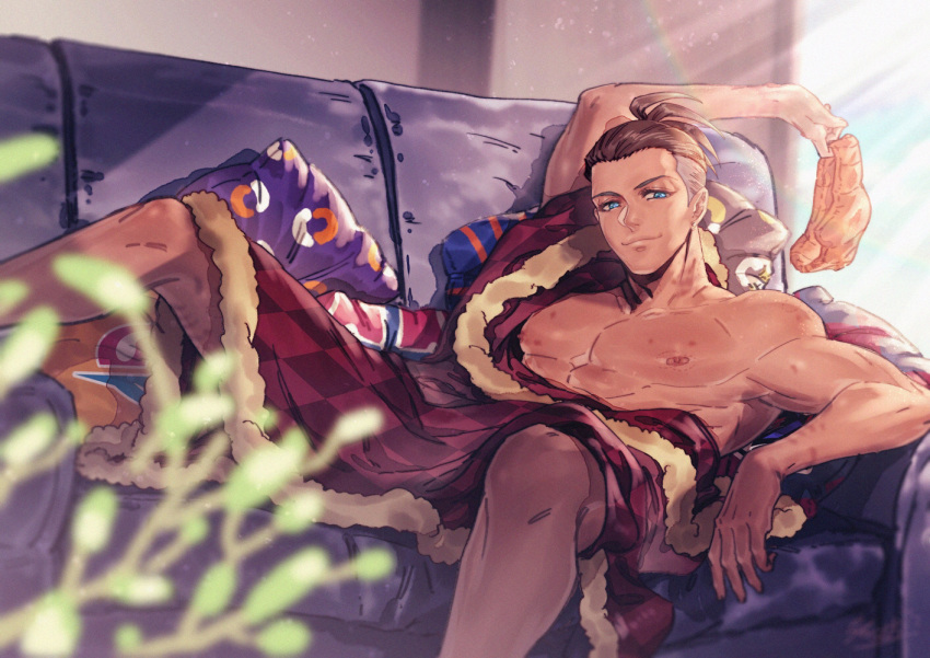 1boy brown_hair cape closed_mouth commentary_request couch cushion dark_skin dark_skinned_male earrings fur-trimmed_cape fur_trim holding jewelry jiao_mao knees lying male_focus nipples on_back on_couch pokemon pokemon_(game) pokemon_swsh raihan_(pokemon) red_cape smile solo spread_legs undercut