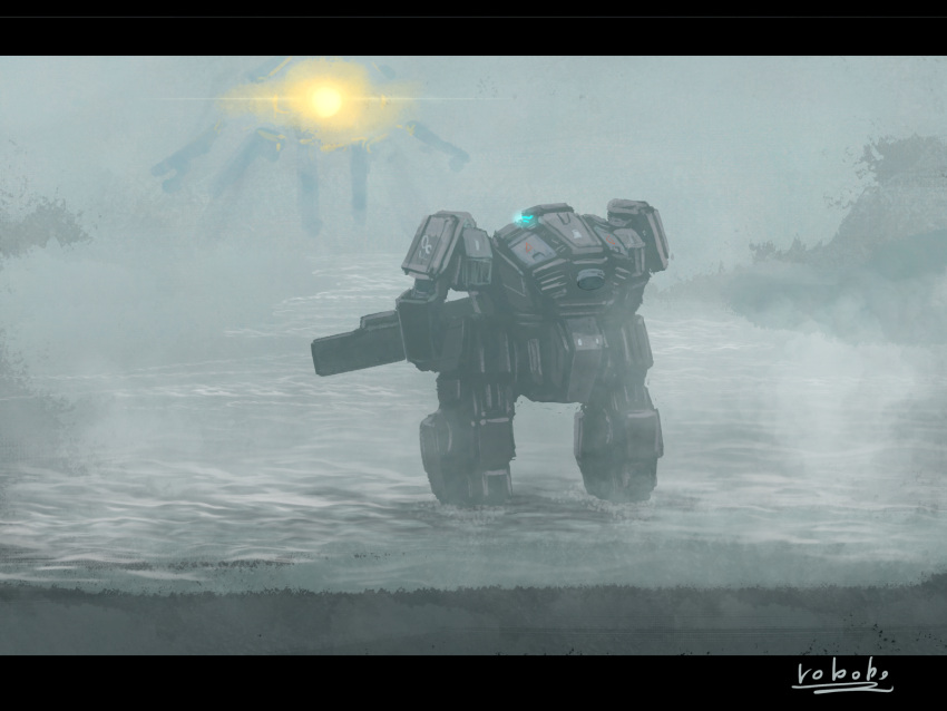 bottoms1237 fog from_behind glowing glowing_eye gun highres holding holding_gun holding_weapon looking_up mecha no_humans one-eyed original science_fiction solo_focus visor weapon yellow_eyes