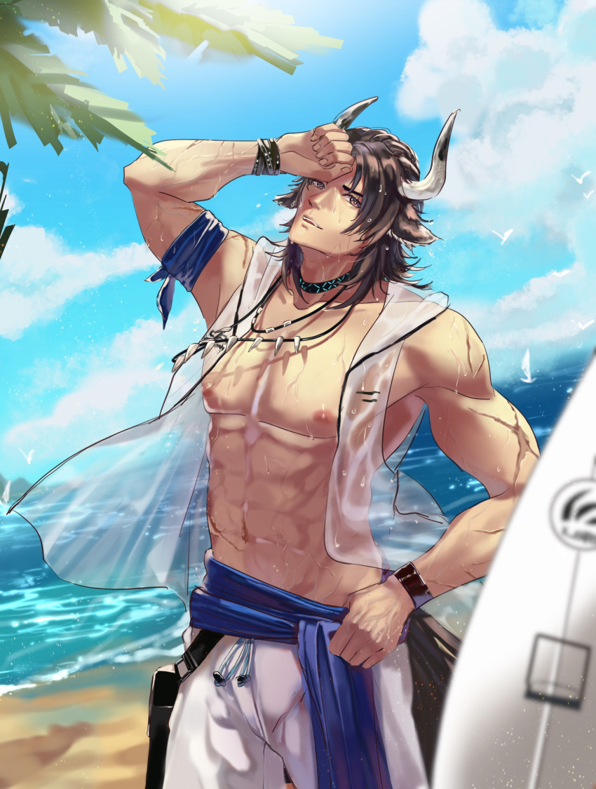 1boy abs absurdres animal_ears arknights bare_pecs beach brown_eyes brown_hair bulge cow_boy cow_ears cow_horns cowboy_shot day earrings gengetsu_(14255909) head_tilt highres horns jewelry looking_at_viewer male_focus male_swimwear matterhorn_(arknights) matterhorn_(beach_guard)_(arknights) medium_hair muscular muscular_male navel nipples outdoors pectorals see-through shorts solo stomach surfboard swim_trunks swimwear tooth_necklace wet wet_clothes white_shorts