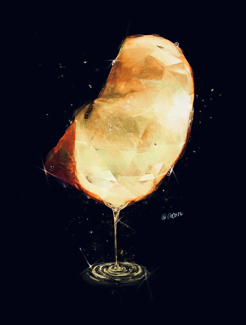absurdres apple apple_juice apple_slice artist_name black_background cocon_(cocon_q) commentary_request food food_focus fruit glint highres light_particles liquid no_humans original signature simple_background still_life twitter_username water_drop