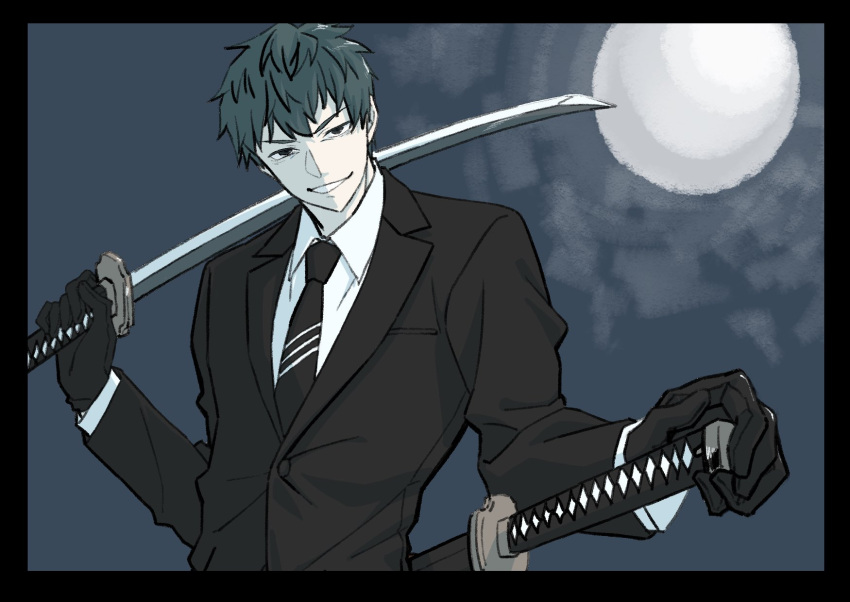 1boy black_eyes black_gloves blue_hair collared_shirt fate/grand_order fate_(series) formal gloves hand_on_weapon highres holding holding_sword holding_weapon katana male_focus moon necktie over_shoulder saitou_hajime_(fate) shirt short_hair smirk suit sword sword_over_shoulder upper_body weapon weapon_over_shoulder