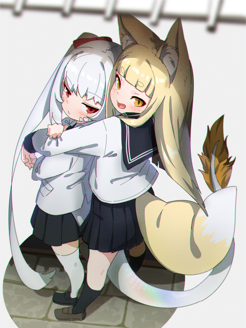 2girls :d animal_ear_fluff animal_ears bangs black_footwear black_legwear black_sailor_collar black_skirt blonde_hair blurry blurry_foreground blush borrowed_character bow brown_eyes brown_footwear closed_mouth commentary_request depth_of_field dragon_tail eyebrows_visible_through_hair fox_ears fox_girl fox_tail full_body hair_bow highres hug hug_from_behind kneehighs kuro_kosyou loafers long_hair multiple_girls open_mouth original pleated_skirt red_bow sailor_collar scales school_uniform serafuku shirt shoes short_eyebrows side_ponytail silver_hair skirt smile standing tail thick_eyebrows thigh-highs very_long_hair white_legwear white_shirt