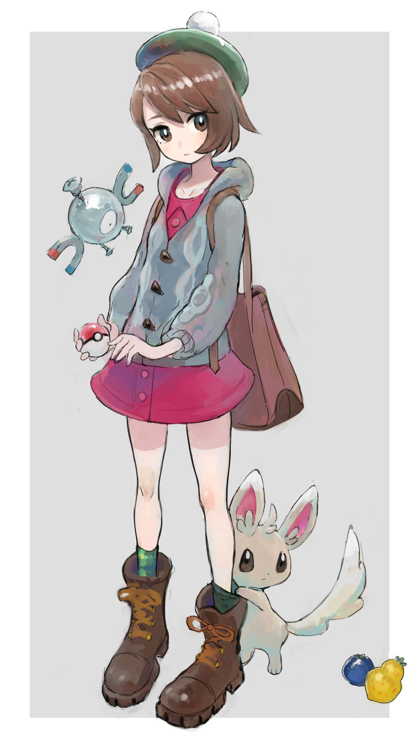 1girl absurdres bag boots brown_bag brown_eyes brown_footwear brown_hair cardigan dress food fruit gen_1_pokemon gen_5_pokemon gloria_(pokemon) green_headwear green_legwear grey_background grey_cardigan hat highres holding holding_poke_ball hood hood_down hooded_cardigan long_sleeves magnemite minccino pear pink_dress poke_ball poke_ball_(basic) pokemon pokemon_(creature) pokemon_(game) pokemon_swsh short_hair shoulder_bag simple_background socks solo tam_o'_shanter tsurunoka