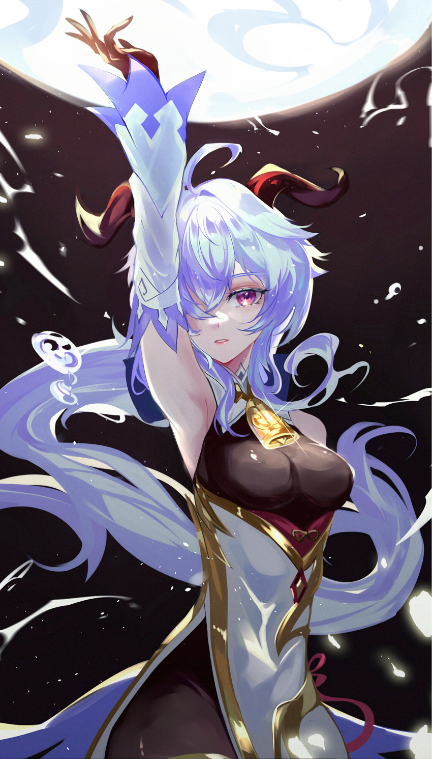1girl absurdres ahoge arm_up armpits bangs bare_shoulders bell black_gloves blue_hair bodystocking cowbell cowboy_shot detached_sleeves framed_breasts ganyu_(genshin_impact) genshin_impact gloves goat_horns gold_trim hair_over_one_eye highres horns hydrokinesis long_hair looking_at_viewer parted_lips pelvic_curtain qilin_(mythology) side_slit solo sparkle vardan very_long_hair violet_eyes water