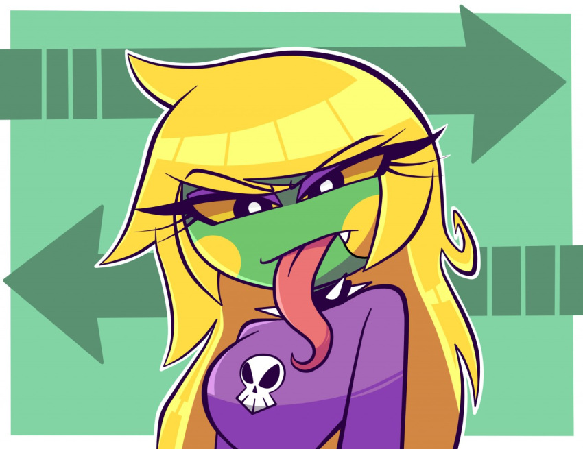 1girl :/ annoyed arms_at_sides arrow_(symbol) blonde_hair blush_stickers breasts bright_pupils collar colored_sclera eyebrows_visible_through_hair eyes_visible_through_hair fang fang_out flipped_hair green_background long_hair long_tongue looking_at_viewer nelljoestar original outline outside_border print_shirt purple_collar purple_eyeshadow purple_shirt shirt skull skull_print solo spiked_collar spikes tongue tongue_out upper_body very_long_hair violet_eyes white_outline white_pupils yellow_background yellow_sclera