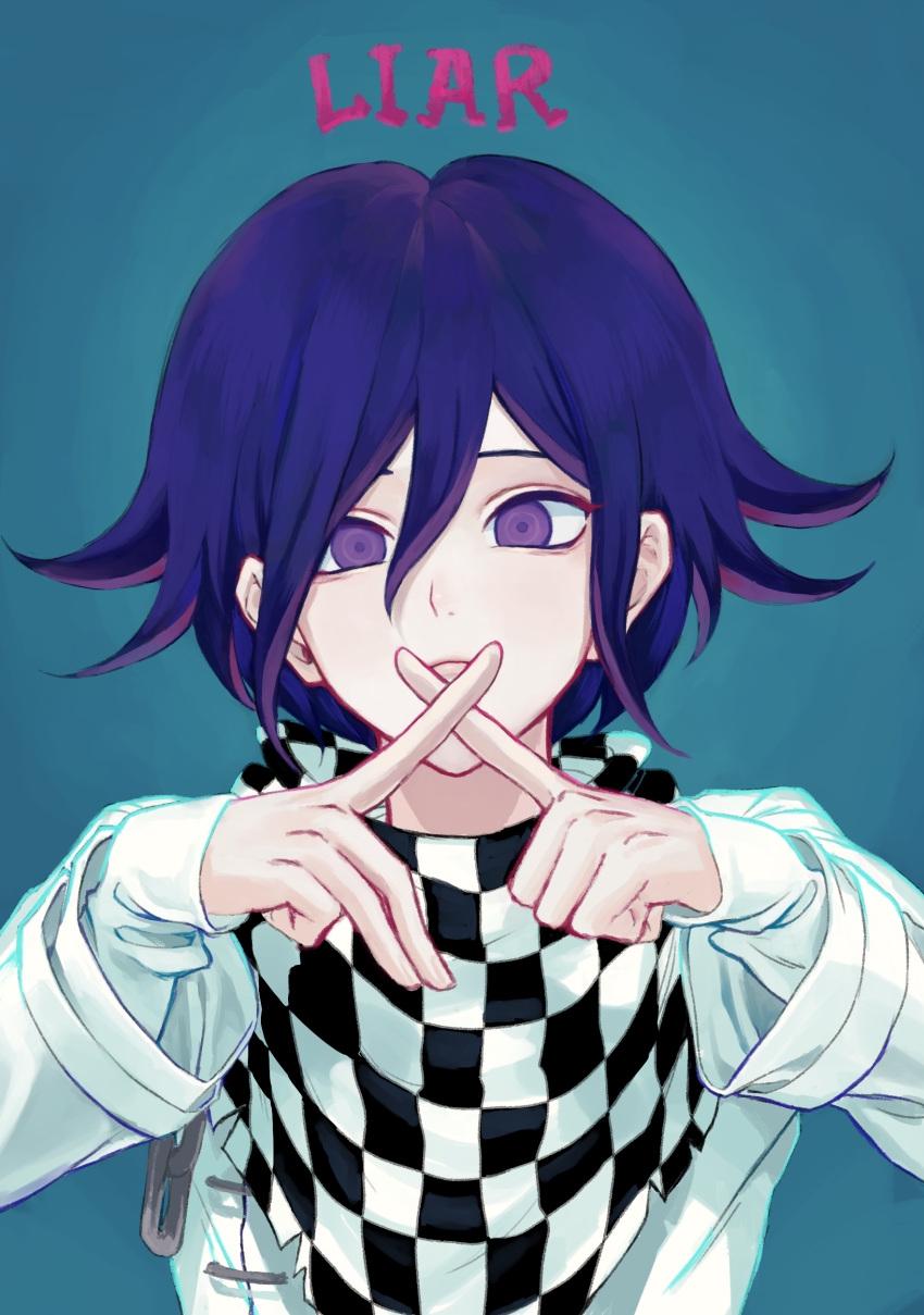 1boy absurdres bangs blue_hair checkered checkered_neckwear checkered_scarf commentary_request cross crossed_fingers dangan_ronpa_(series) dangan_ronpa_v3:_killing_harmony english_text finger_to_mouth gradient gradient_background hair_between_eyes highres index_finger_raised layered_sleeves long_sleeves looking_at_viewer male_focus ouma_kokichi purple_hair scarf short_hair solo straitjacket upper_body violet_eyes yeon-eo