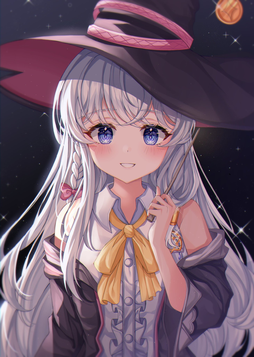 1girl bangs bare_shoulders black_headwear blue_eyes blush bow braid center_frills coin elaina_(majo_no_tabitabi) eyebrows_visible_through_hair flat_chest frills glint gradient gradient_background grey_background grey_jacket grin hair_bow hair_over_shoulder hair_ribbon hand_up hat highres jacket long_hair looking_at_viewer majo_no_tabitabi night night_sky off_shoulder pink_bow ribbon shirt side_braid silver_hair simple_background single_braid sky smile solo star_(sky) tress_ribbon upper_body white_shirt wide_sleeves witch witch_hat yellow_neckwear yellow_ribbon yulha_06