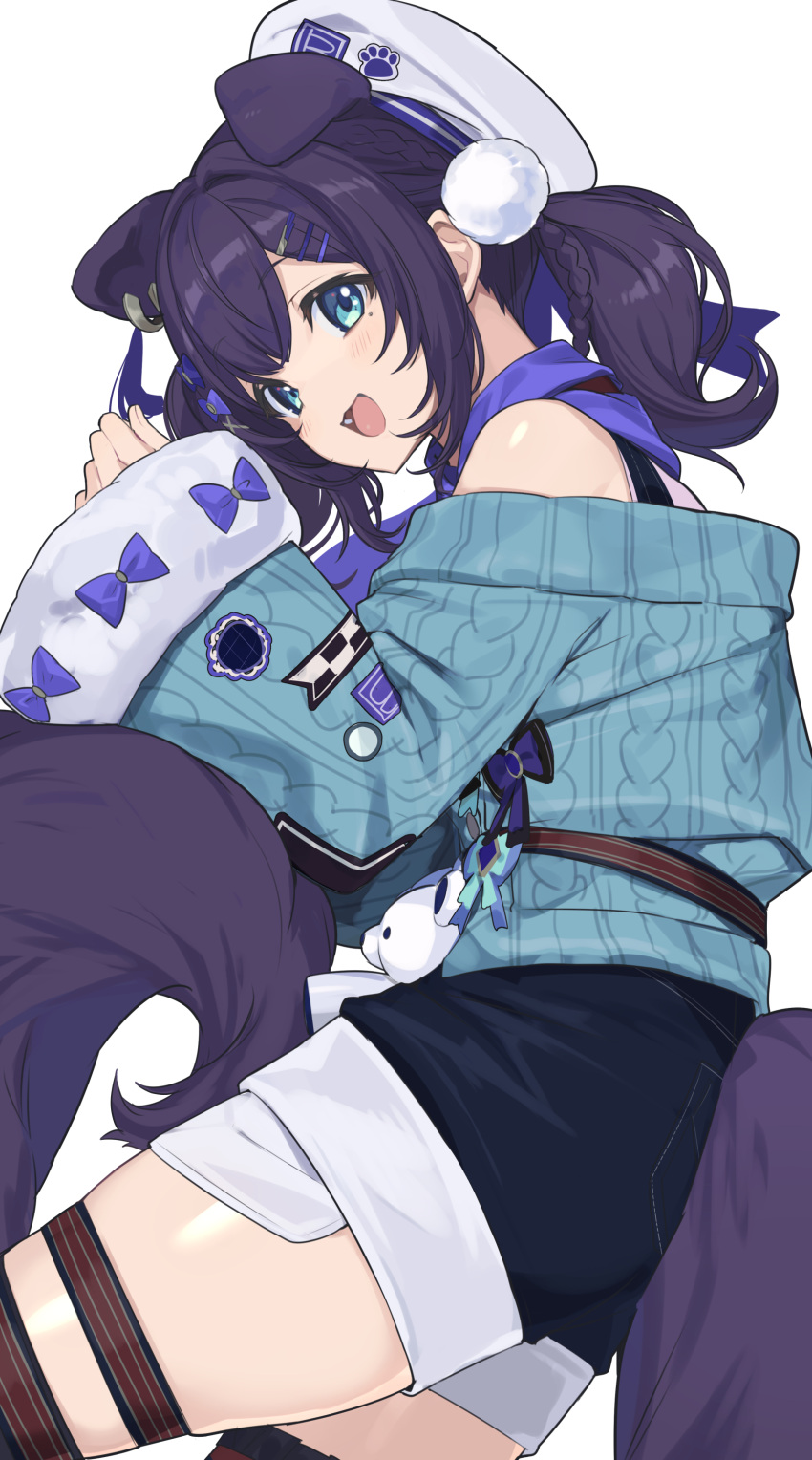1girl :d absurdres aiba_uiha animal_ears aqua_eyes bangs black_hair black_shorts blue_bow blue_neckwear blue_sweater blush bow braid dog_ears dog_tail fang feet_out_of_frame fur_trim fuubuu hair_ornament hairpin hat highres looking_at_viewer lying nijisanji off-shoulder_sweater off_shoulder on_side one_side_up open_mouth pom_pom_(clothes) sailor_hat shorts sidelocks simple_background smile solo sweater tail white_background white_headwear wide_sleeves