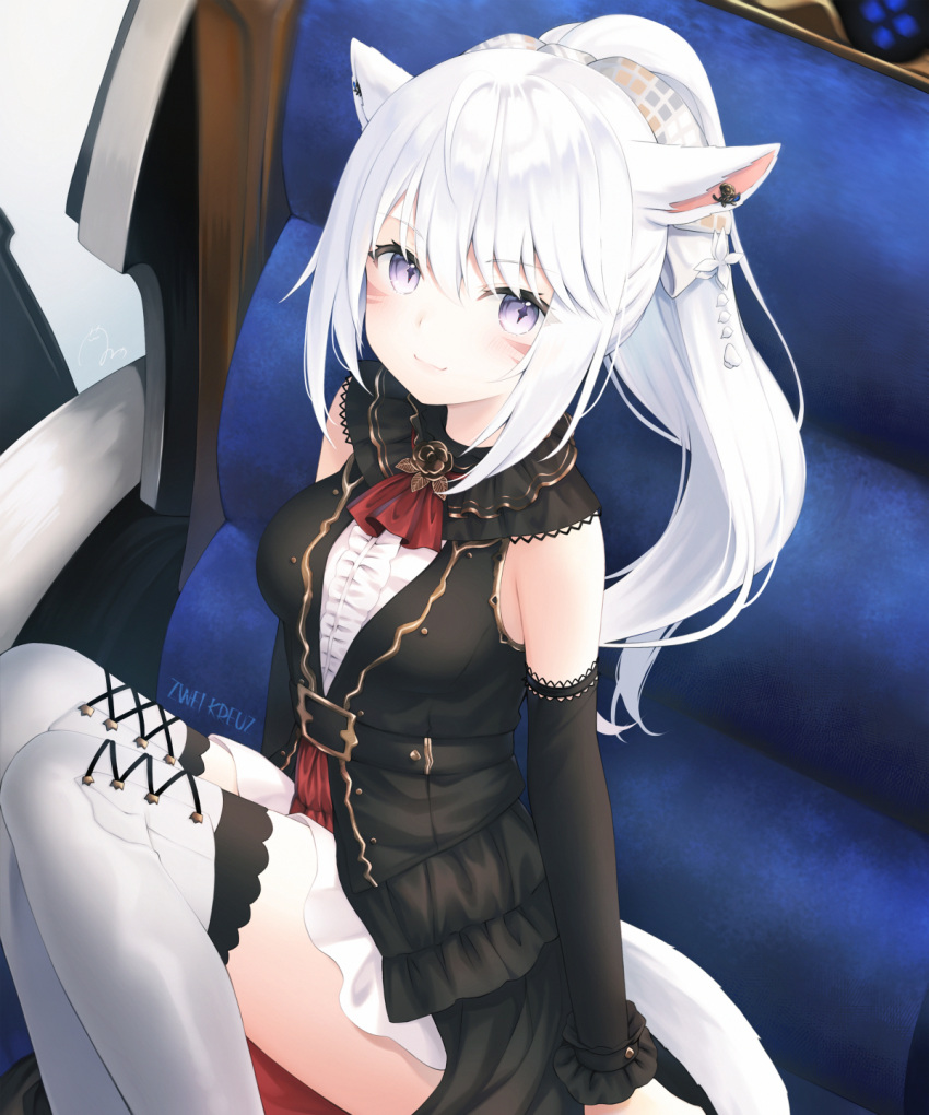 +_+ 1girl animal_ears bangs black_sleeves black_vest bow cat_ears cat_girl cat_tail commentary_request detached_sleeves eyebrows_visible_through_hair facial_mark final_fantasy final_fantasy_xiv hair_between_eyes hair_bow highres kanora knees_up long_hair looking_at_viewer miqo'te ponytail shirt sidelocks signature sitting skirt sleeveless sleeveless_shirt smile solo tail thigh-highs vest violet_eyes whisker_markings white_hair white_legwear white_shirt white_skirt