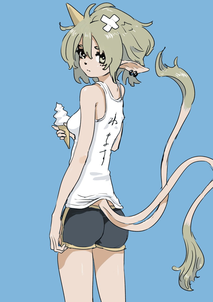 1girl absurdres animal_ears ass black_shorts blue_background breasts brown_hair cowboy_shot ear_piercing earrings food from_behind highres holding holding_food ice_cream ice_cream_cone jewelry looking_at_viewer looking_back medium_breasts multiple_tails original piercing print_tank_top short_hair shorts simple_background solo tail tank_top tsurunoka white_tank_top