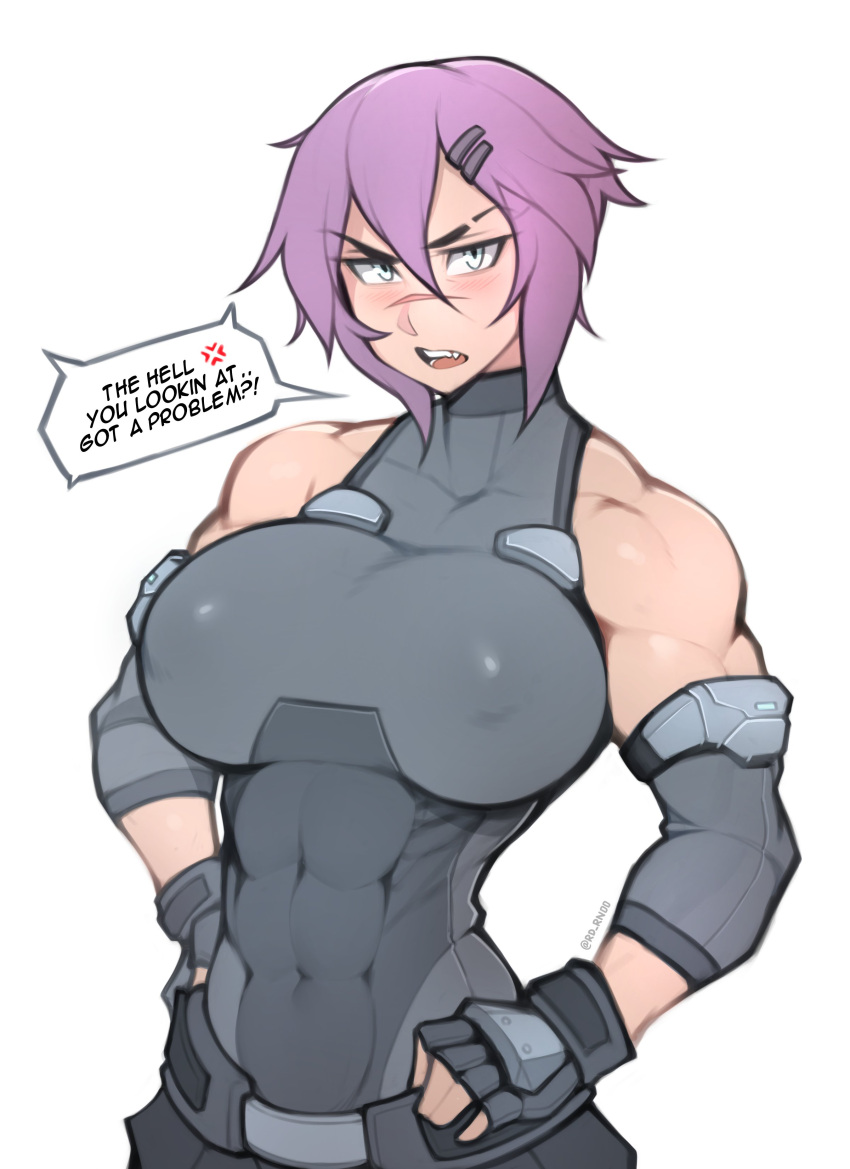 ! ... 1girl abs absurdres anger_vein artist_name bare_shoulders blush breasts covered_collarbone covered_navel english_text eyebrows_visible_through_hair fingerless_gloves gloves grey_eyes hair_between_eyes hands_on_hips highres large_breasts looking_at_viewer maya_(roadi3) muscular muscular_female original purple_hair roadi3 scar scar_on_face scar_on_nose short_hair solo speech_bubble spoken_anger_vein teeth tongue twitter_username white_background