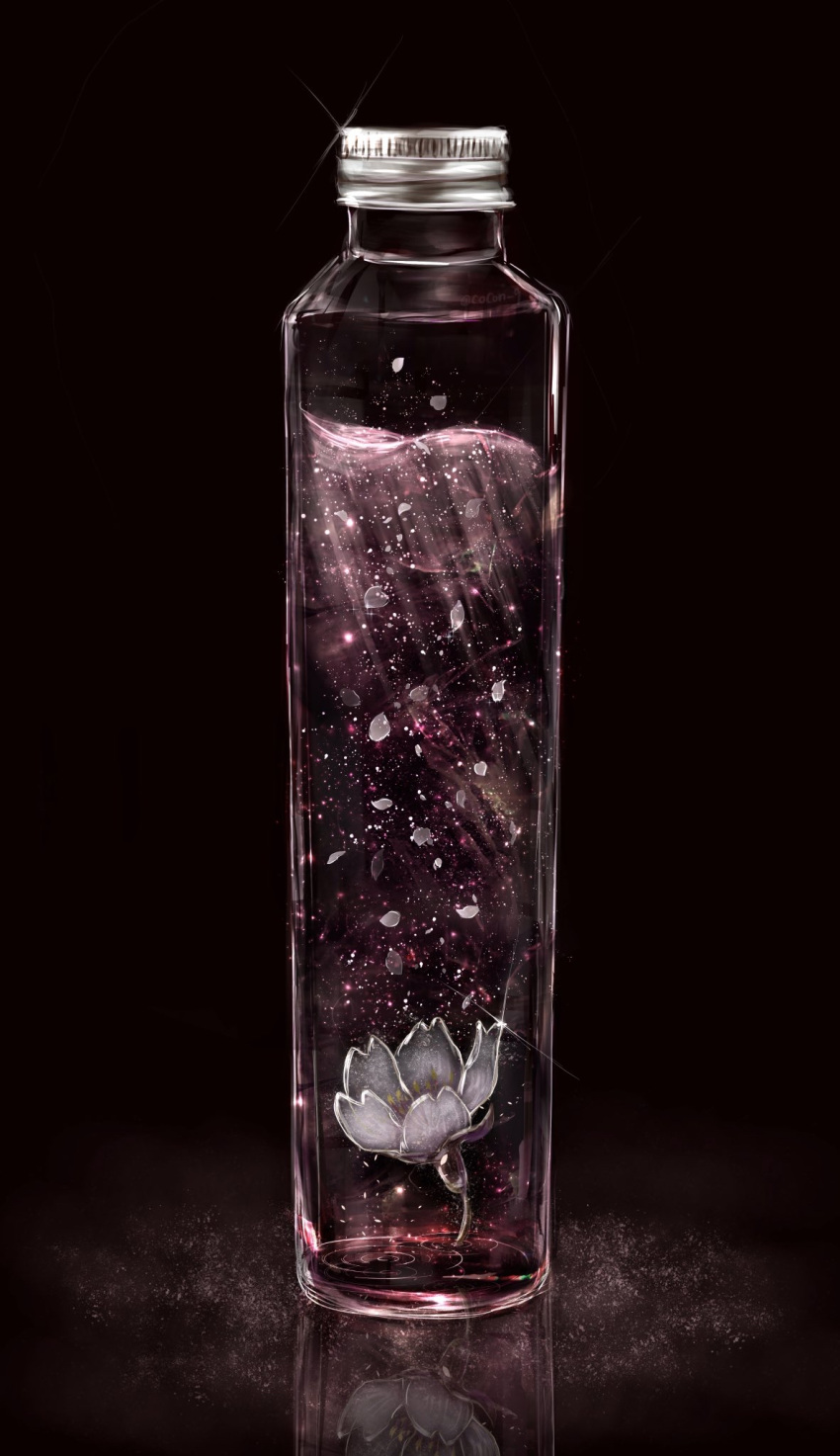 artist_name black_background bottle cocon_(cocon_q) commentary_request flower glass glint grey_flower highres light_particles no_humans original petals reflection shiny signature simple_background still_life twitter_username water