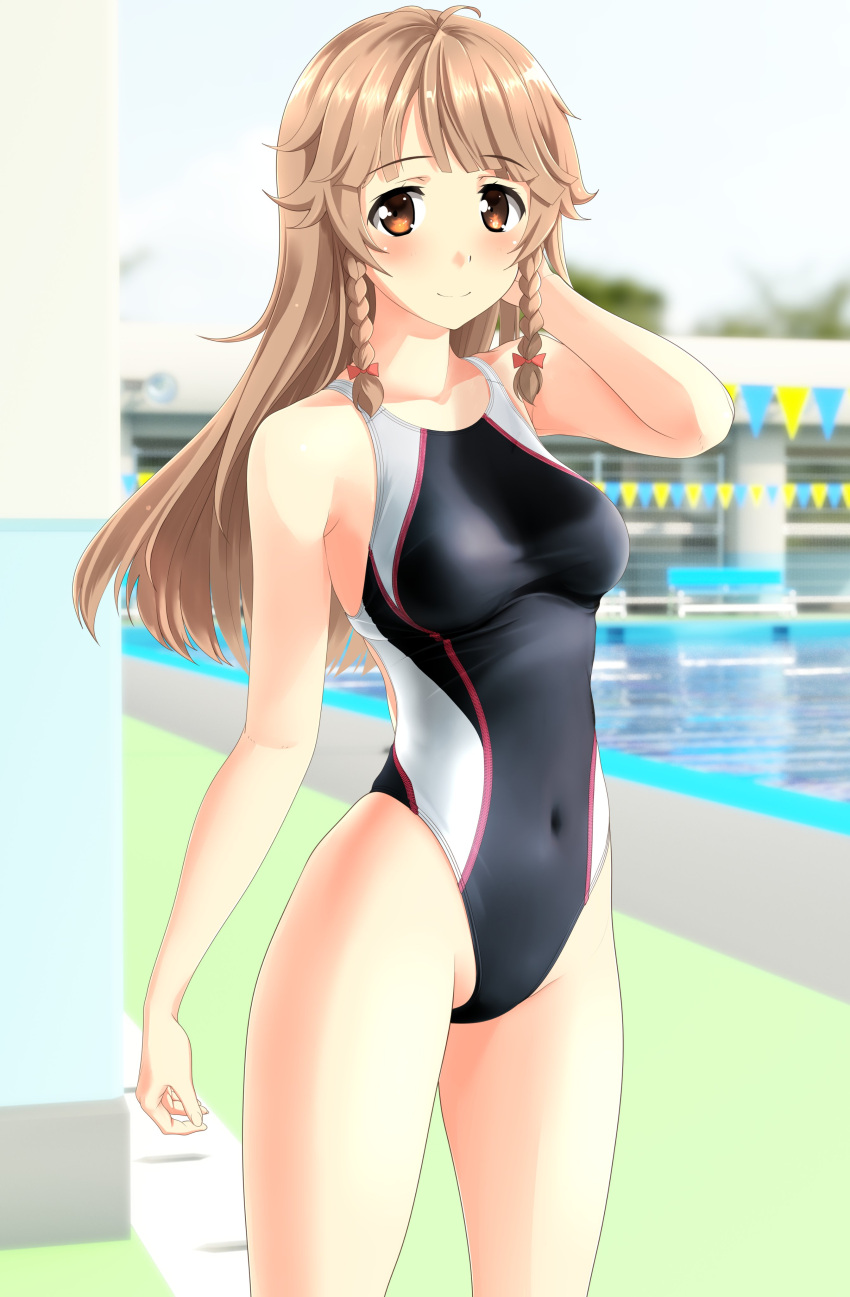 1girl absurdres black_swimsuit blue_sky blurry braid breasts brown_eyes brown_hair clouds commentary_request covered_navel cowboy_shot day depth_of_field high_school_fleet highleg highleg_swimsuit highres long_hair medium_breasts nosa_kouko outdoors pool sky solo standing string_of_flags swimsuit takafumi twin_braids